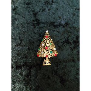 MYLU Gold Tone Multi-Color Rhinestone Christmas Tree Brooch, Signed